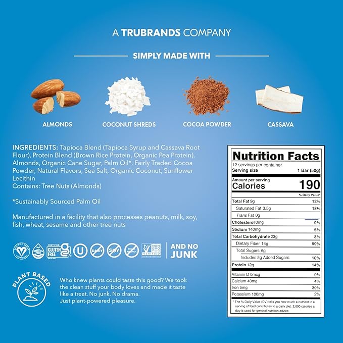 TRUBAR Vegan Protein Bar, Cocoa For Coconuts, Gluten Free, Plant Based Protein, Dairy Free, Non