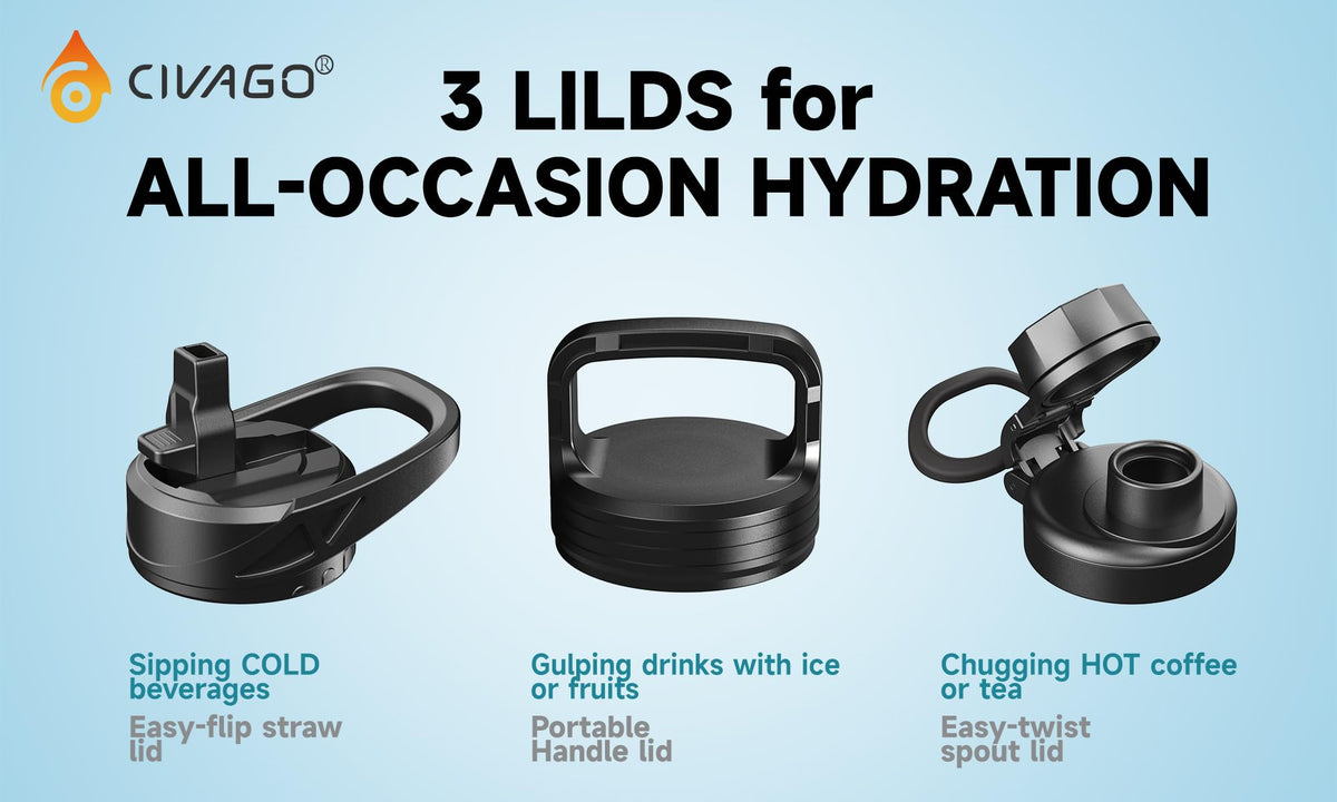 CIVAGO 32 oz Insulated Stainless Steel Water Bottle With Straw and 3 Lids
