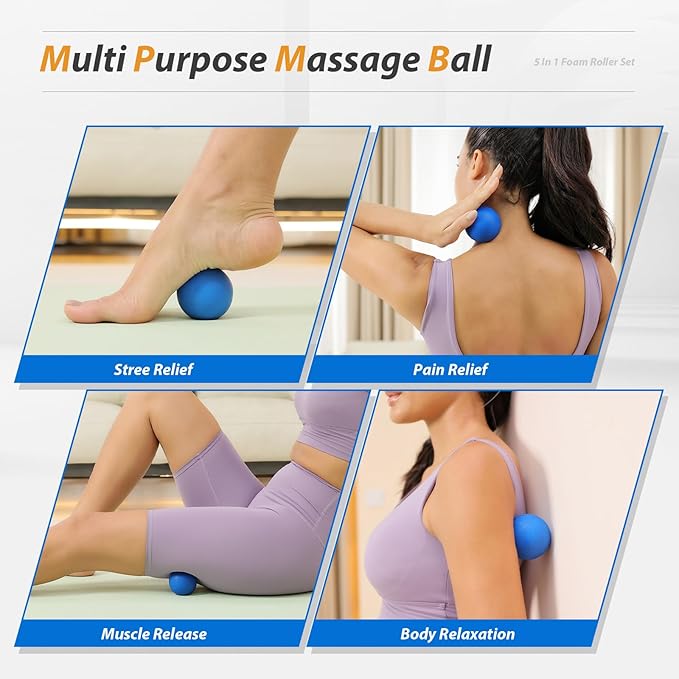 5 in1 Foam Roller Set, Trigger Point Foam Roller, Massage Roller Stick, Massage Ball, Resistance