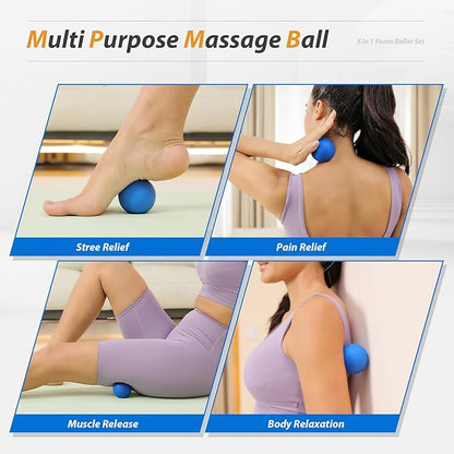 5 in1 Foam Roller Set, Trigger Point Foam Roller, Massage Roller Stick, Massage Ball, Resistance
