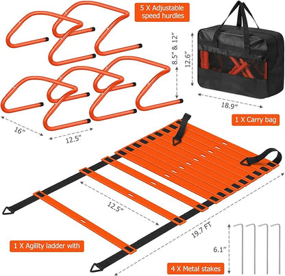 Speed and Agility Training Equipment: 5 Adjustable Agility Hurdles. 20ft Agility Ladder, Soccer