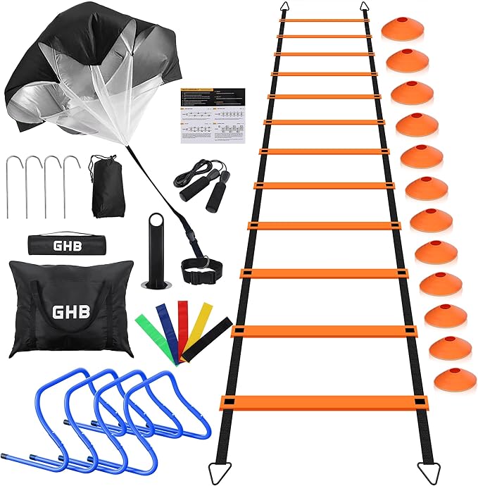 GHB Agility Ladder,Football Training Equipment Set,4 Agility Hurdles, 20 feet12 Rungs Speed