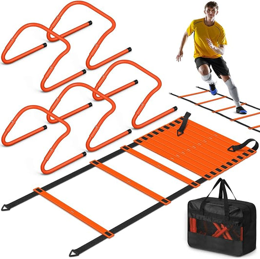 Speed and Agility Training Equipment: 5 Adjustable Agility Hurdles. 20ft Agility Ladder, Soccer