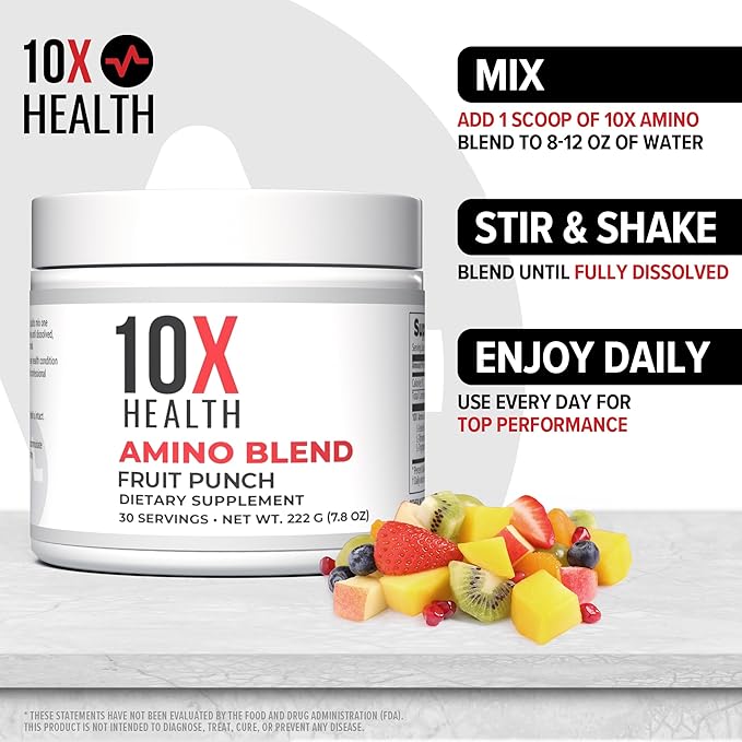 10X Health Amino Blend Pre Workout Powder for Men - Fruit Punch Flavor - EAA & BCAA Powder Amino