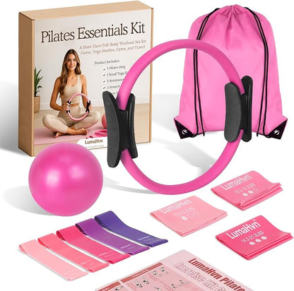 pilates essentials kit for home workouts, pink pilates equipment set with pilates Rings, yoga ball