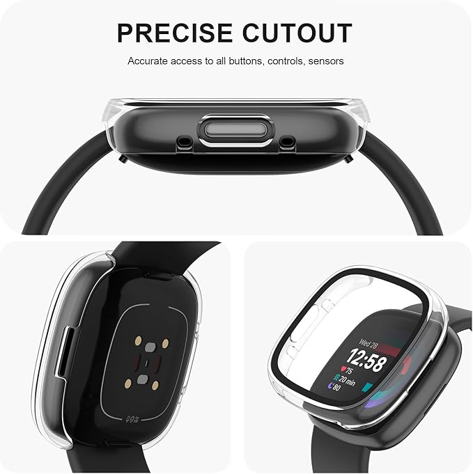 Vancle Case for Fitbit Versa 4 / Fitbit Sense 2, 4-Pack Screen Protector Tempered Glass Full Around