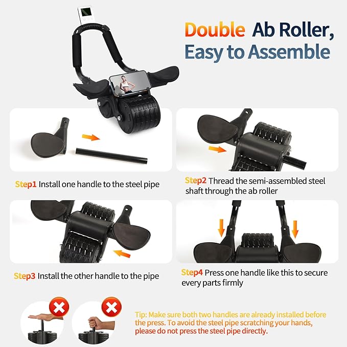 2024 New Ab Roller Wheel with Timer & Knee Mat,Automatic Rebound Abdominal Wheel with Elbow Support