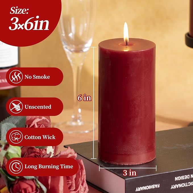KONNI Dark Red Pillar Candles Set of 3, 3"x 6" Unscented Pillar Candles Bulk, 56 Hours Long Burning