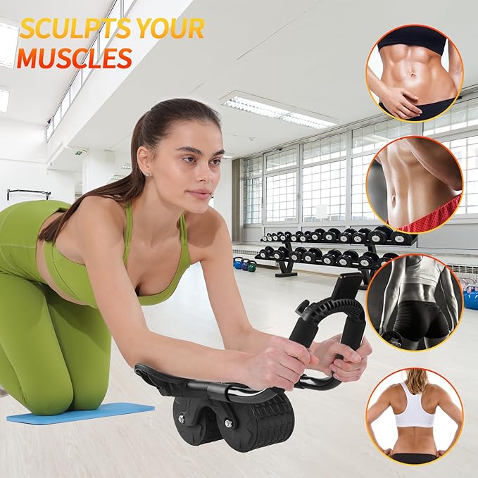 2024 New Ab Roller Wheel with Timer & Knee Mat,Automatic Rebound Abdominal Wheel with Elbow Support