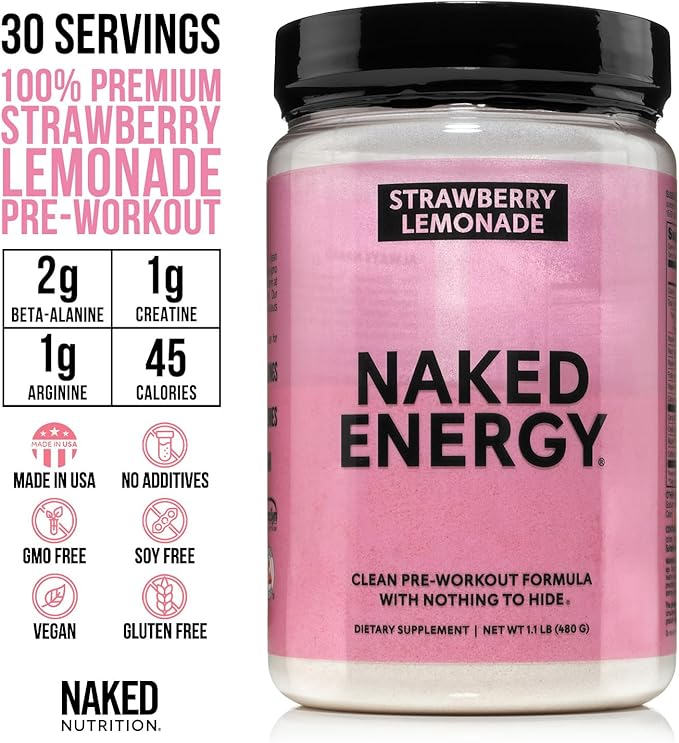 NAKED Strawberry Lemonade Energy - Clean Pre Workout Supplement for Men and Women, Vegan Friendly