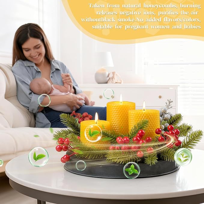Hand-Rolled Beeswax Candles,2.8x3in-6PCS,All Natural Honeycomb Beeswax Pillar Candles,144 Hours
