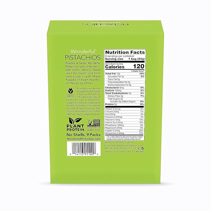 Wonderful Pistachios No Shells, Roasted & Salted Nuts, 0.75 Ounce Bag (Pack of 9), Protein Snacks