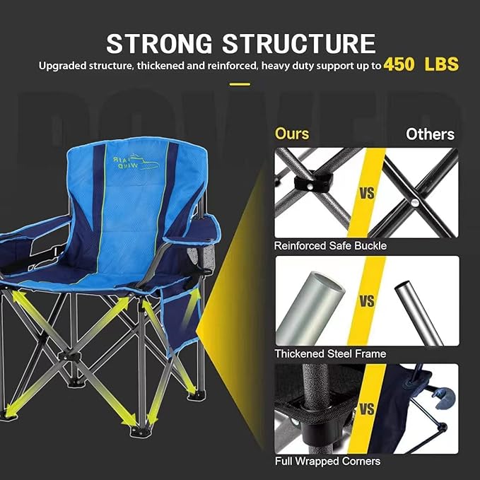 FAIR WIND Oversized Fully Padded Camping Chair with Lumbar Support, Heavy Duty Cooler Bag Fold