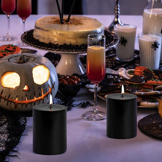 KONNI Black Pillar Candles Set of 3, 3"x 4" Unscented Pillar Candles Bulk, 39 Hours Long Burning