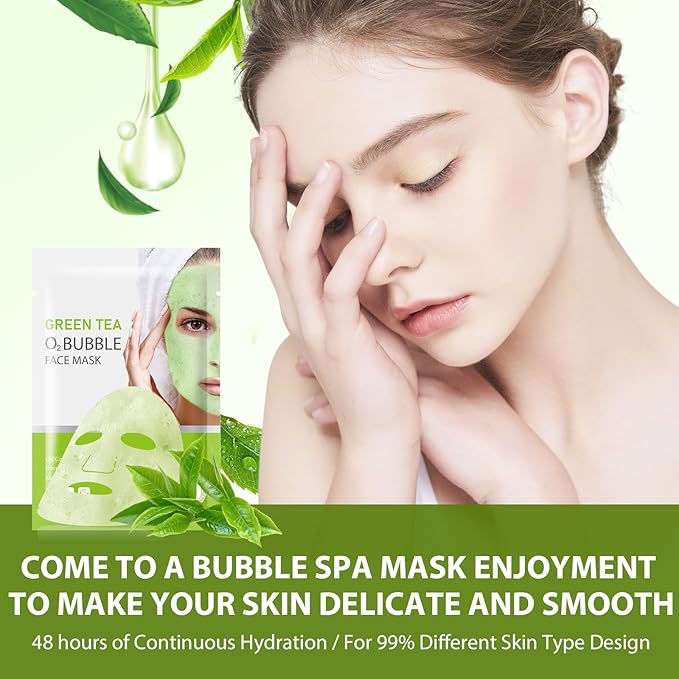 10 Sheets Face Masks Skincare O2 Bubble Green Tea Face Mask, Cleaner Bubble Sheet Masks Foaming