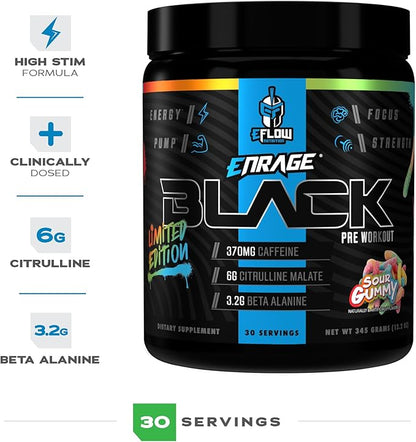 eFlow Nutrition Enrage Black High Stimulant Pre Workout Supplement - Preworkout Powder to Boost