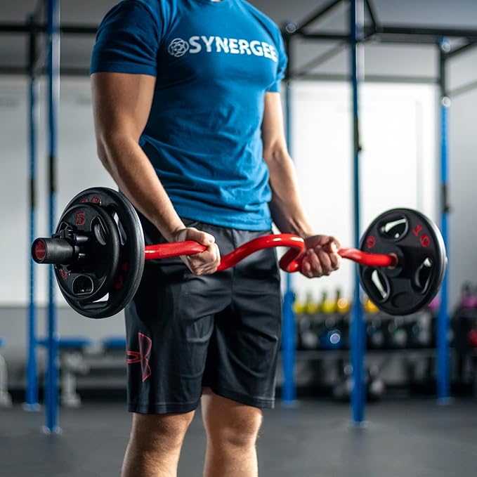 Synergee Commercial Super EZ Curl Olympic Bar Chrome, Black Phosphate and Red with Powder Coated