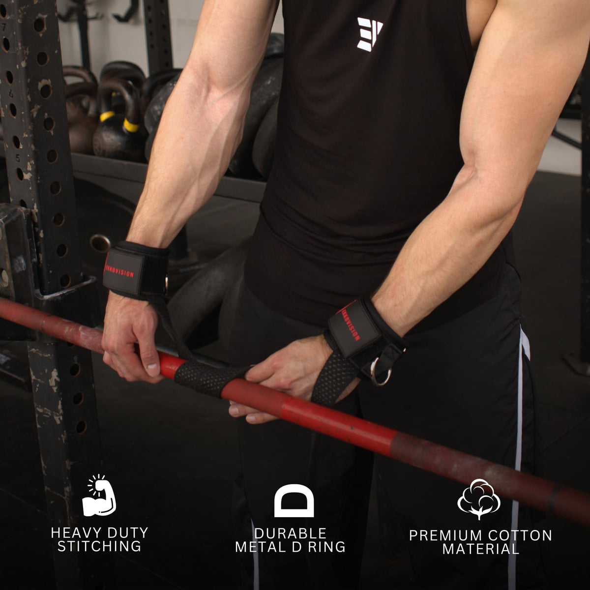 Ekkovision Weight Lifting Straps, Cuffed D Ring, Phase 3 Logo, Black