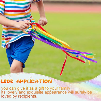 12 Pcs Rainbow Ribbon Wooden Waldorf Toys Creative Waldorf Hand Kite Set Streamers with Wood Ring