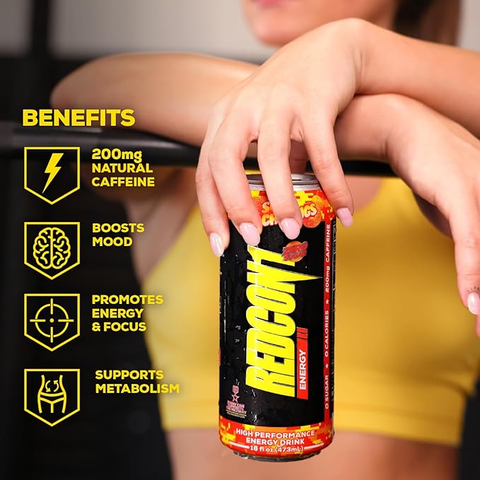 REDCON1 Energy High Performance Drink, Sour Peach Rings - Zero Sugar Energy Drink with Alpha GPC