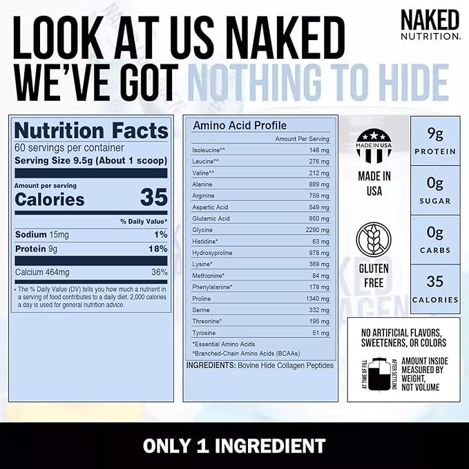 NAKED Collagen Peptides Protein Powder, 60 Servings, Pasture-Raised, Unflavored Grass-Fed