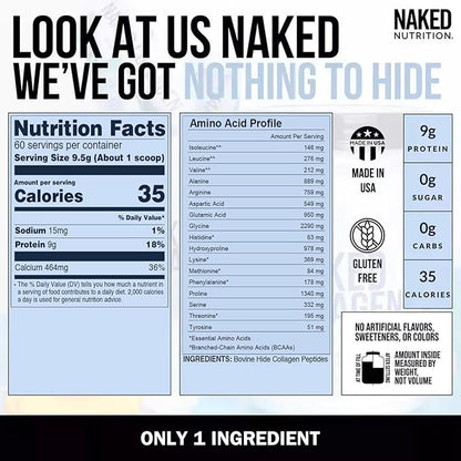 NAKED Collagen Peptides Protein Powder, 60 Servings, Pasture-Raised, Unflavored Grass-Fed