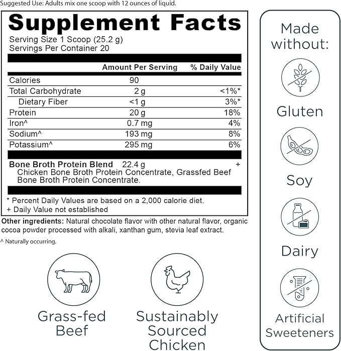 Ancient Nutrition Protein Powder Made from Real Bone Broth, Chocolate, 20g Protein Per Serving, 20