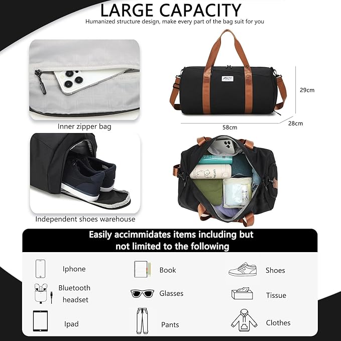 BE SMART Waterproof Mens Gym Bag with Shoe Compartment, Duffle Bags with Wet Pocket for Men
