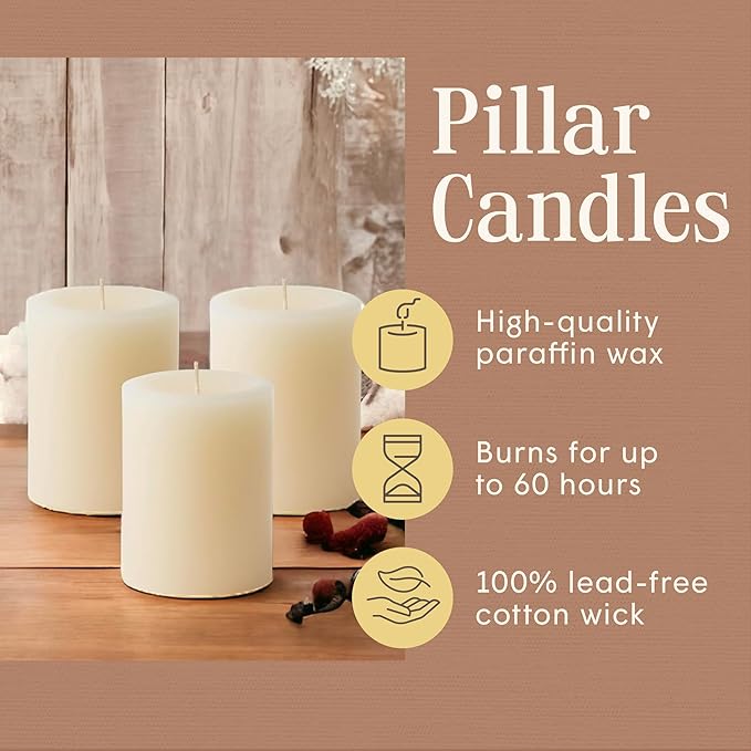 Mister Candle Dripless Vanilla Scented Ivory Pillar Candles Set of 3, Hand Made Vanilla Pillar