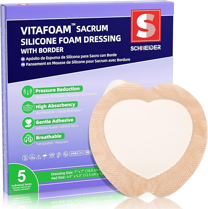 Silicone Sacrum Foam Dressing 7" x 7" with Border, High Absorbency Wound Bandage, Gentle Adhesion