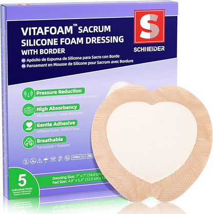 Silicone Sacrum Foam Dressing 7" x 7" with Border, High Absorbency Wound Bandage, Gentle Adhesion