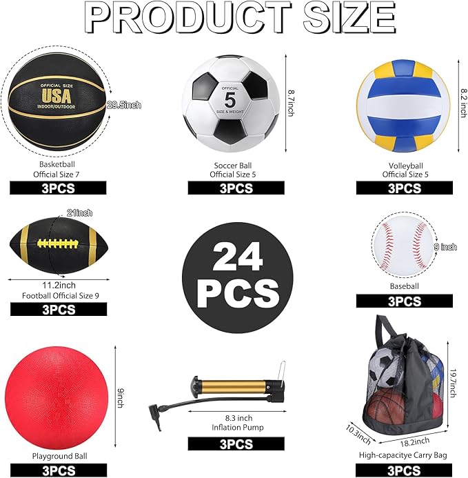 Leyndo 18 Pcs Sport Balls Bulk Set Basketball Football Volleyball Soccer Playground Baseball with