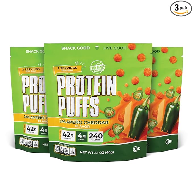 Twin Peaks Low Carb, Keto Friendly Protein Puffs, (Jalapeno Cheddar, 2.1 Ounce), 2 Servings, 3 Pack