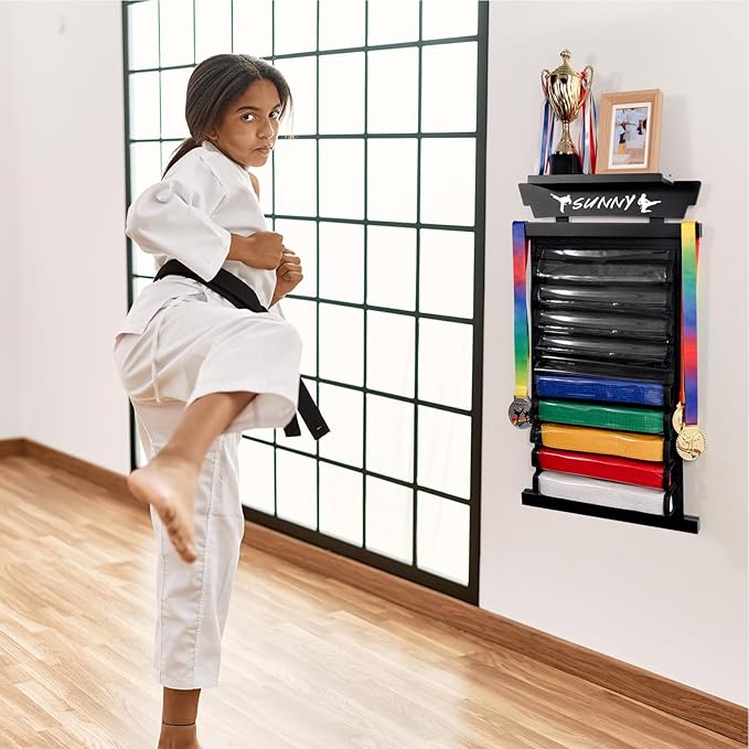 Tilhumt 12/10 Belts Karate Belt Display Rack with Stickers, Taekwondo Belt Display with