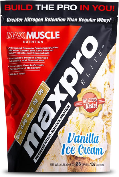 Max Muscle Maxpro Elite Whey Protein Powder | 30g Protein | 0g Sugar | 6.6g BCAAs | Micellar Casein