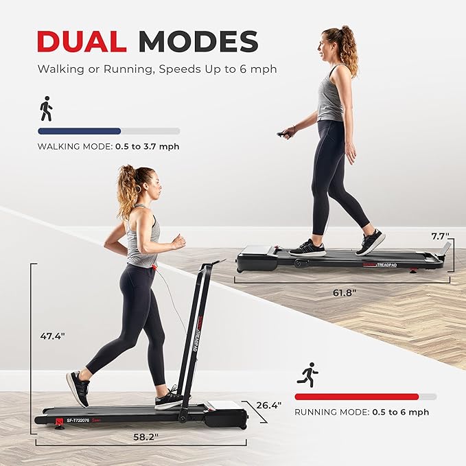 Sunny Health & Fitness Sleek Compact Smart Treadpad Treadmill with 6-Level Auto Incline, Remote
