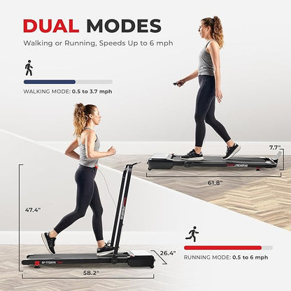 Sunny Health & Fitness Sleek Compact Smart Treadpad Treadmill with 6-Level Auto Incline, Remote