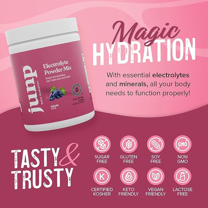 JUNP Electrolytes Powder No Sugar No Carbs – Vine Ripened Grape Infused Drink Mix - Potassium &