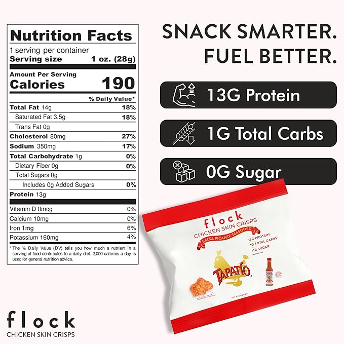 Flock Keto Chicken Skin Chips – Tapatio Flavor, Low Carb, High Protein, Gluten-Free Chicken Crisps