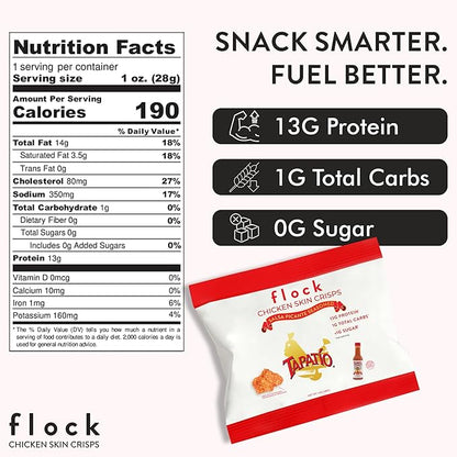 Flock Keto Chicken Skin Chips – Tapatio Flavor, Low Carb, High Protein, Gluten-Free Chicken Crisps