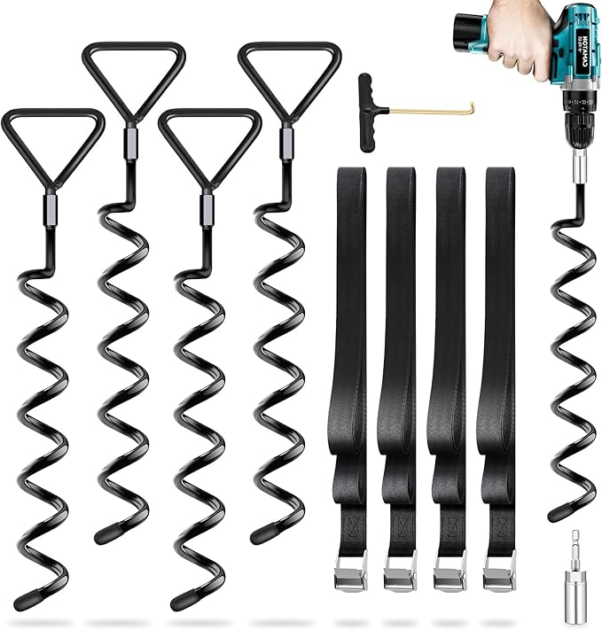 Trampoline Stakes Heavy Duty Trampoline Anchors Kit, Spiral Screw In Ground Anchors with Straps