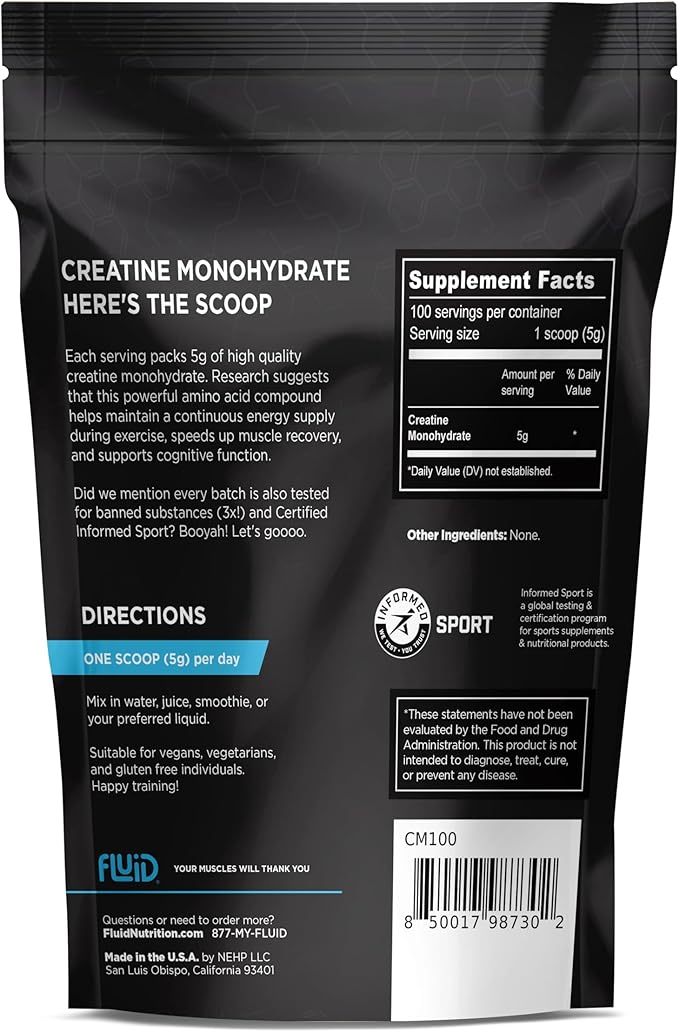 Fluid Creatine - 100% Creatine Monohydrate Powder, Unflavored, Informed Sport Certified, 5g per