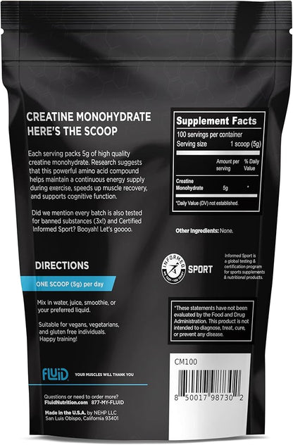 Fluid Creatine - 100% Creatine Monohydrate Powder, Unflavored, Informed Sport Certified, 5g per