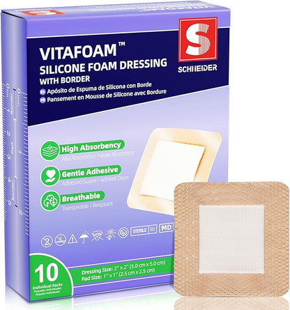 Silicone Foam Dressing 2" x 2" with Border, High Absorbency Wound Bandage, Gentle Adhesion, Soft