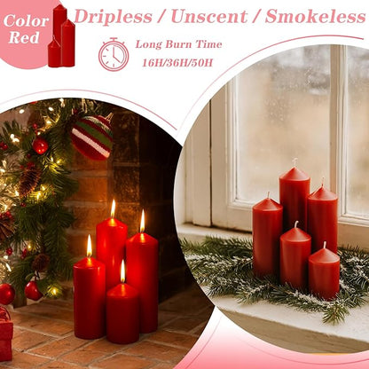 36 Pcs Red Pillar Candles Bulk Set，Hurricane Candlesï¼? Different Lengths (12 Each)，Dripless