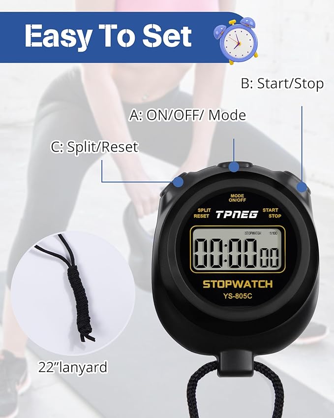 Simple Stopwatch Timer - Easy to Use, Set Up, Read, and Carry - Large Display - On/Off, AAA Battery