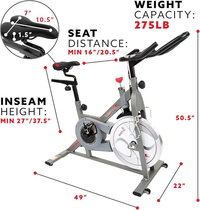 Sunny Health & Fitness Indoor Cycling Exercise Bike w/Pulse Sensors & 4-Way Adjustable Seat