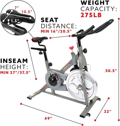 Sunny Health & Fitness Indoor Cycling Exercise Bike w/Pulse Sensors & 4-Way Adjustable Seat