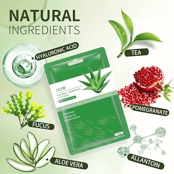 Face Masks Skincare Sheet Mask Aloe Vera Sheets Mask, Hydrating Face Masks Soothing Facial Mask for