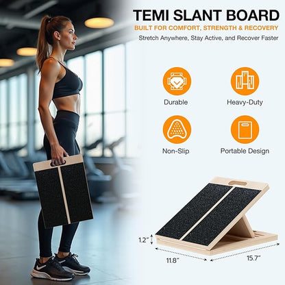 TEMI Slant Board for Calf-Stretching - Wooden Incline Wedge Stretcher for Squats, Foot & Ankle